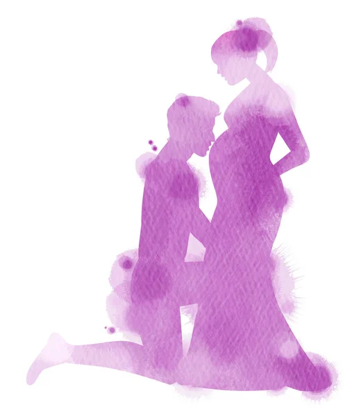二重露出イラスト 若い男が彼の妊娠中の女性のシルエットと抽象的な水の色の腹にキスの側面図を描いた デジタル絵画 — ストック写真