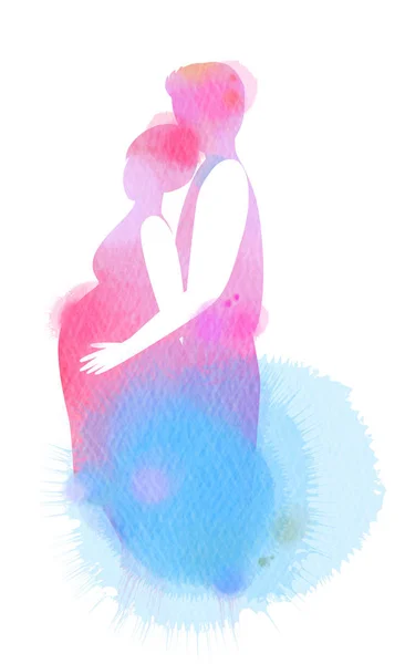 二重露出イラスト バック シルエットに加え 抽象的な水の色から若い男がハグの妊娠中の妻の側面図を描いた デジタル絵画 — ストック写真