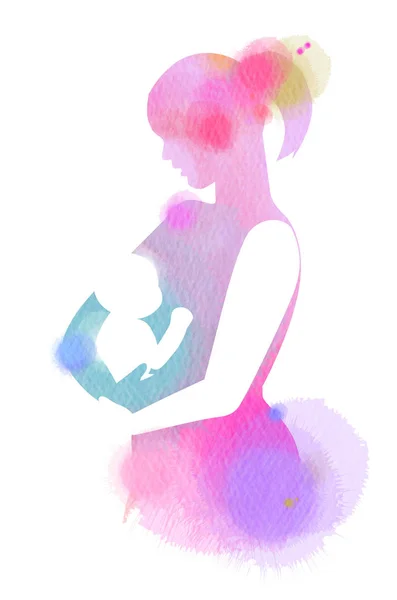 Silhueta Família Feliz Fundo Aquarela Mãe Bebé Dia Mãe Pintura — Fotografia de Stock
