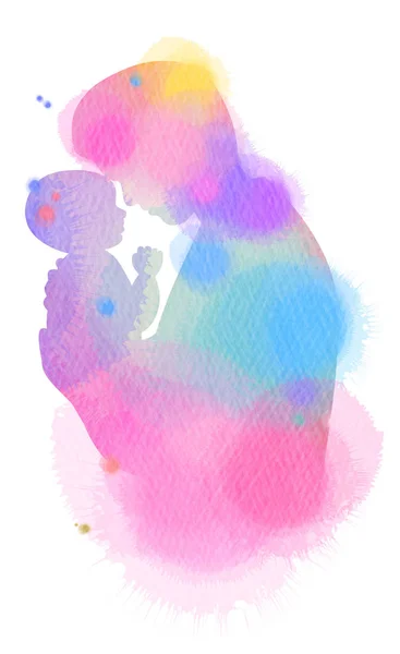 Padre Sosteniendo Silueta Bebé Más Acuarela Abstracta Pintada Feliz Día — Foto de Stock