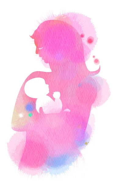 Mutlu aile siluet suluboya arka plan üzerinde. Anne ve bebek. Anneler günü. Dijital sanat resim.
