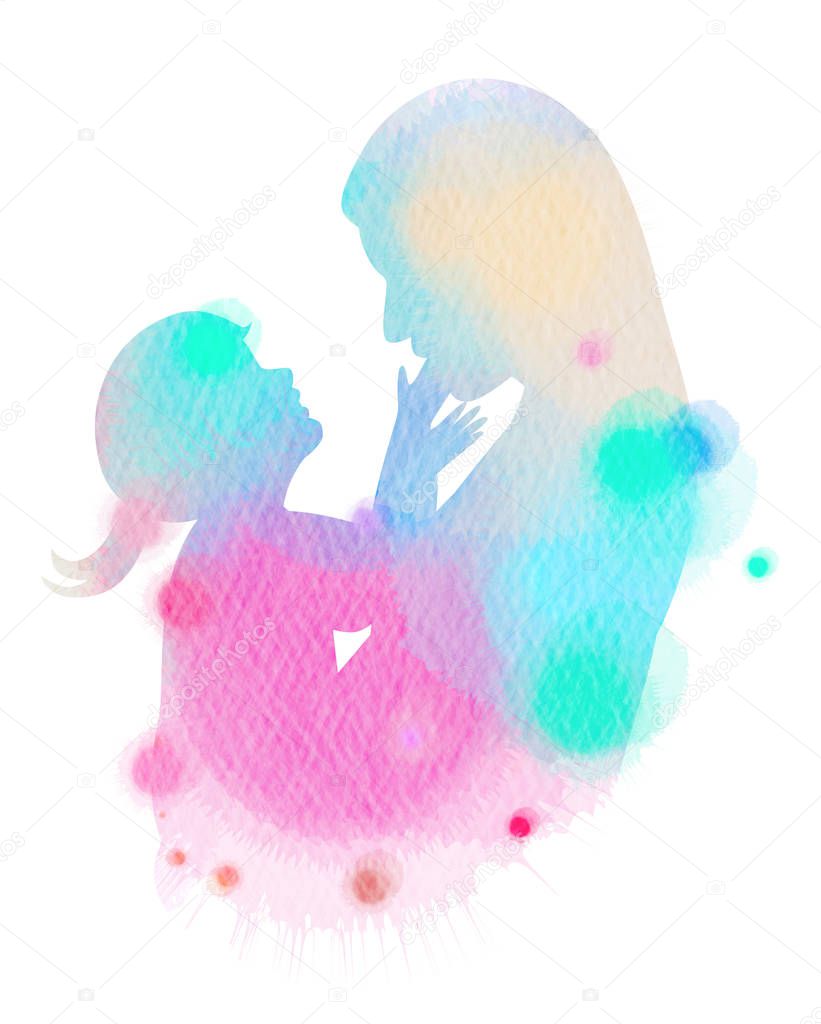 Silhouette watercolor of Happy parents having good time with their little children. Mother and daughter. Mother's day. Digital art painting.