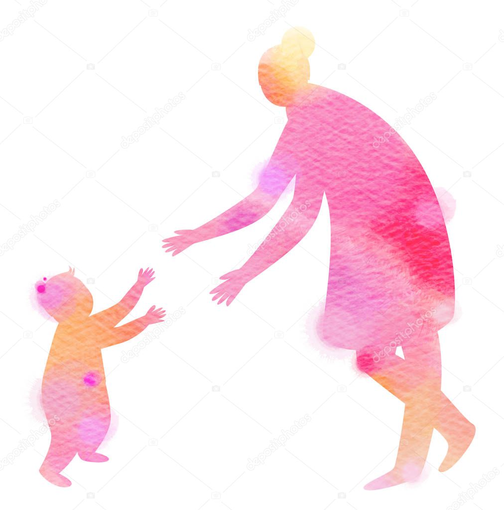 Silhouette watercolor of Happy parents having good time with their little children. Mother and daughter. Mother's day. Digital art painting.