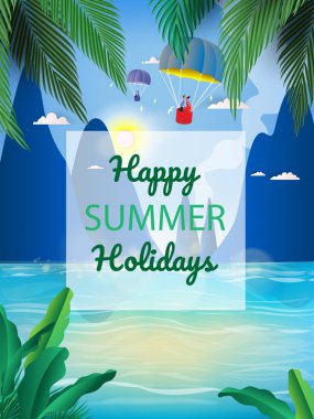 Tropik Cennet plaj yaz parti. Avuç içi ve bitkiler etrafında. Sahil tatil vektör. Seyahat kavramı.