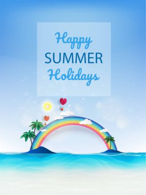 Yaz plaj tatil tatil tropikal renkli arka plan ile poster zaman. Vektör çizim