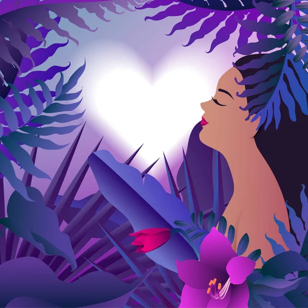 Feliz Hermosa Mujer Bosque Tropical Fondo Del Corazón Ilustración Vectorial — Vector de stock