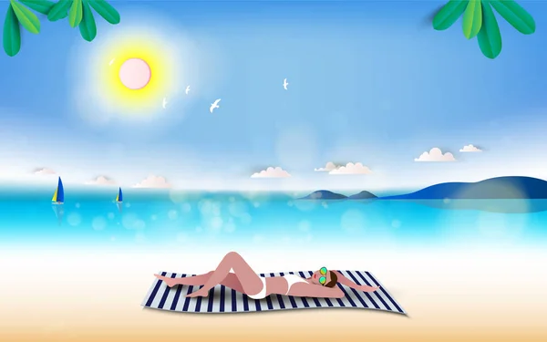 Zomer Strand Meisje Vakantie Vrijheid Concept Vectorillustratie — Stockvector