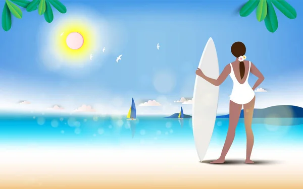 休暇と自由の概念の夏のビーチの女の子 ベクトル図 — ストックベクタ