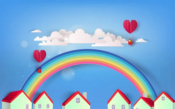 Krásný Duhový Srdce Balóny Nad Městem Vektorové Ilustrace — Stockový vektor