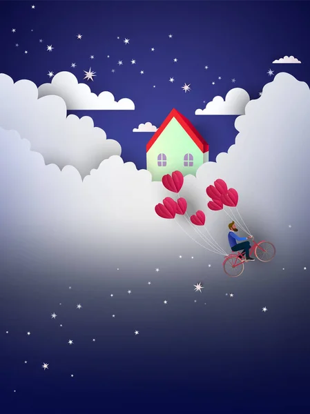 Hombre Montando Bicicleta Cielo Sosteniendo Globos Rojos Del Corazón Concepto — Vector de stock
