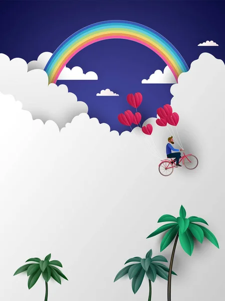 Hombre Montando Bicicleta Cielo Sosteniendo Globos Rojos Del Corazón Concepto — Vector de stock