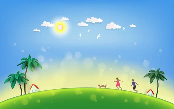 緑夏の畑に犬を実行している つの幸せな子供 ベクトル図 — ストックベクタ