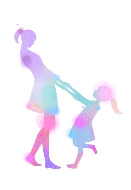 Mutlu aile siluet suluboya arka plan üzerinde. Anne ve kızı. Anneler günü. Dijital sanat resim.