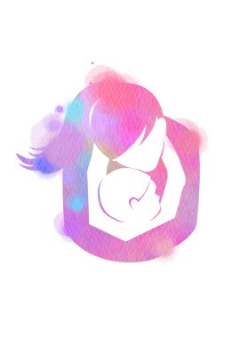 Mutlu aile siluet suluboya arka plan üzerinde. Anne ve bebek. Anneler günü. Dijital sanat resim.