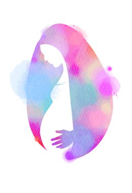Hamile kadın siluet artı soyut suluboya boyalı. Dijital sanat resim.