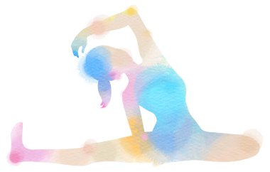 Beyaz zemin üzerine suluboya yoga kadın silueti. Dijital sanat resim.