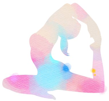 Beyaz zemin üzerine suluboya yoga kadın silueti. Dijital sanat resim.