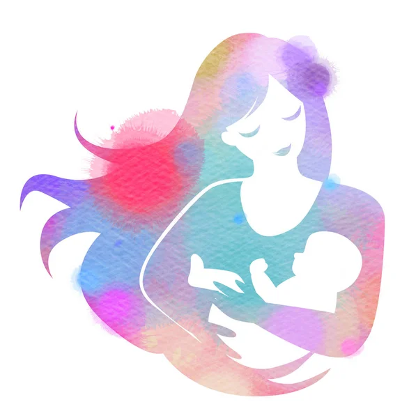 Mutlu aile siluet suluboya arka plan üzerinde. Anne ve bebek. Anneler günü. Dijital sanat resim.