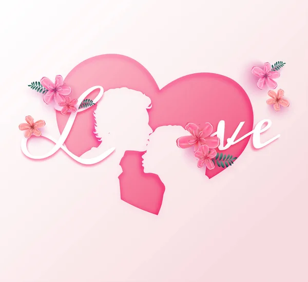年轻情侣在热恋中绽放着粉红色的花朵剪纸风格 情人节快乐 矢量插图 — 图库矢量图片