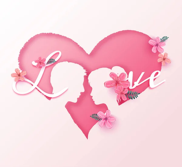 Junges Verliebtes Paar Rosafarbenen Blütenschnitt Stil Glücklicher Valentinstag Vektorillustration — Stockvektor