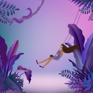 Yaz holoiday. Tropikal parkta sallanan mutlu sevimli kız.