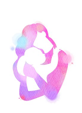 Çift Pozlama illüstrasyon. Mutlu anne çok güzel çocuk bebek siluet artı soyut sulu boya tutan yan görünüm boyalı. Anneler günü. Dijital sanat resim.