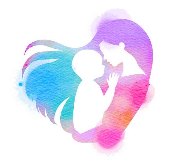 Double exposure illustration. Side view of Happy mom holding adorable child baby silhouette plus abstract water color painted. Mother's day. Digital art painting.