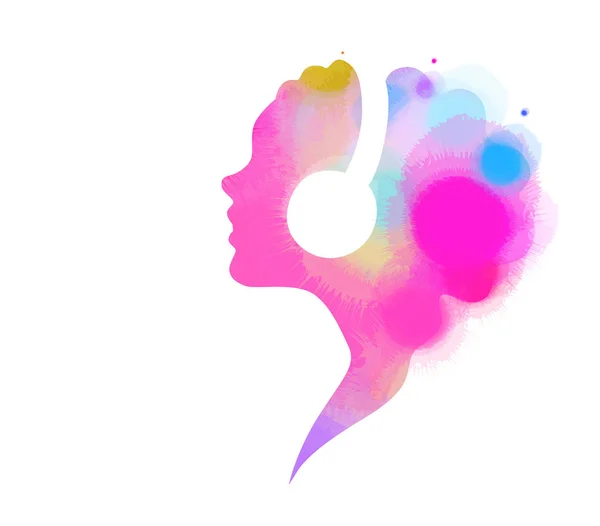 Double Exposure Illustration Teenage Girl Listening Music Silhouette Abstract Water — Stock Photo, Image
