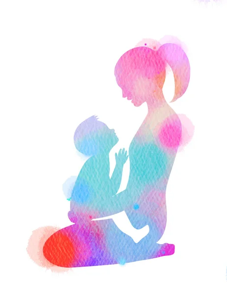 Dubbele Blootstelling Illustratie Zijaanzicht Van Gelukkige Moeder Bezit Schattig Kind — Stockfoto