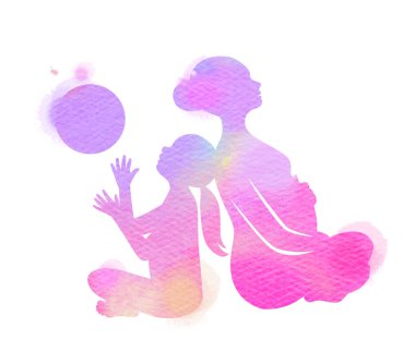 Mutlu anne ve çocuk siluet suluboya arka plan üzerinde egzersiz. Anne ve çocuk yoga yapıyor. Anneler günü. Sağlık kavramı. Dijital sanat resim.