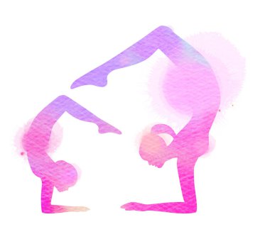 Mutlu anne ve çocuk siluet suluboya arka plan üzerinde egzersiz. Anne ve çocuk yoga yapıyor. Anneler günü. Sağlık kavramı. Dijital sanat resim.