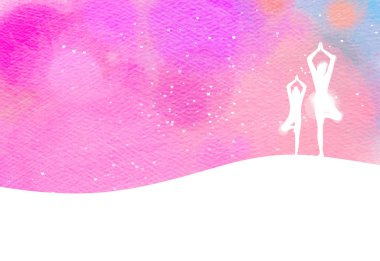 Mutlu anne ve çocuk siluet suluboya arka plan üzerinde egzersiz. Anne ve çocuk yoga yapıyor. Anneler günü. Sağlık kavramı. Dijital sanat resim.