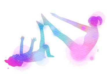 Mutlu anne ve çocuk siluet suluboya arka plan üzerinde egzersiz. Anne ve çocuk yoga yapıyor. Anneler günü. Sağlık kavramı. Dijital sanat resim.