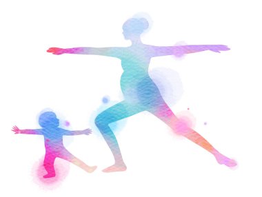 Mutlu anne ve çocuk siluet suluboya arka plan üzerinde egzersiz. Anne ve çocuk yoga yapıyor. Anneler günü. Sağlık kavramı. Dijital sanat resim.