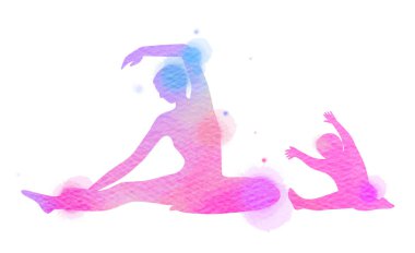 Mutlu anne ve çocuk siluet suluboya arka plan üzerinde egzersiz. Anne ve çocuk yoga yapıyor. Anneler günü. Sağlık kavramı. Dijital sanat resim.