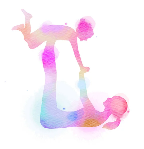 Boldog Anya Gyermek Gyakorolja Silhouette Akvarell Háttér Anya Gyerek Jóga — Stock Fotó
