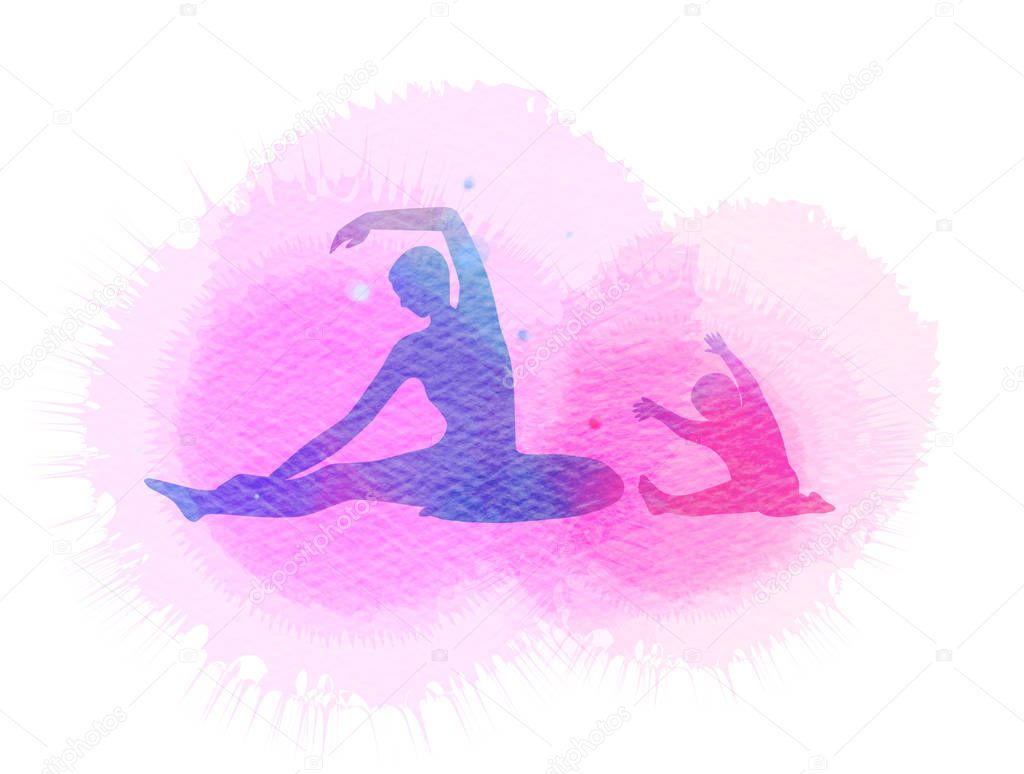 Happy mom and child exercise silhouette on watercolor background. Mother and kid doing yoga. Mother's day. Health care concept. Digital art painting.