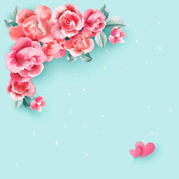 Wedding flowers frame on pastel blue background from above. Beautiful pink roses template. Flat lay. Vector illustration.