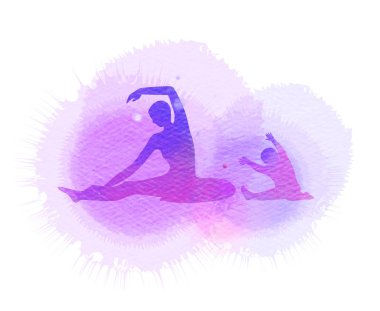 Mutlu anne ve çocuk siluet suluboya arka plan üzerinde egzersiz. Anne ve çocuk yoga yapıyor. Anneler günü. Sağlık kavramı. Dijital sanat resim.