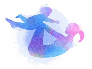 Mutlu anne ve çocuk siluet suluboya arka plan üzerinde egzersiz. Anne ve çocuk yoga yapıyor. Anneler günü. Sağlık kavramı. Dijital sanat resim.