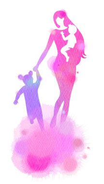 Çift Pozlama illüstrasyon. Mutlu anne bebek çocuk siluet artı soyut sulu boya tutan yan görünüm boyalı. Anneler günü. Dijital sanat resim.