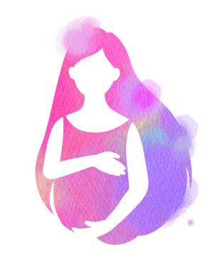 Hamile kadın siluet artı soyut suluboya boyalı. Anne ve Bebek sağlık. Dijital sanat resim.