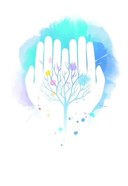 Double Exposure Illustration Human Hands Holding Tree Symbol Watercolor Concept — Stock Photo, Image