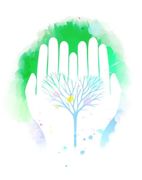 Double Exposure Illustration Human Hands Holding Tree Symbol Watercolor Concept — Stock Photo, Image