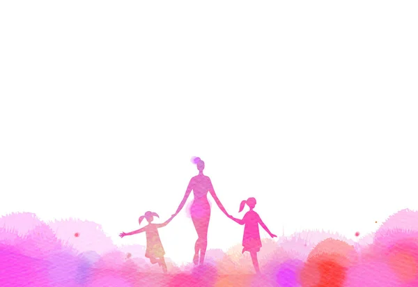 Siluet artı soyut suluboya boyalı çalışan çocuklar ile anne. Anne ve çocuk egzersiz. Sağlık kavramı. Dijital sanat resim.