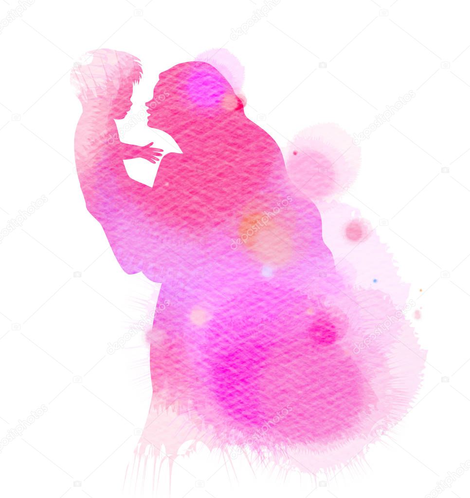 Double exposure illustration. Side view of Happy mom holding adorable  baby child silhouette plus abstract water color painted. Mother's day. Digital art painting.