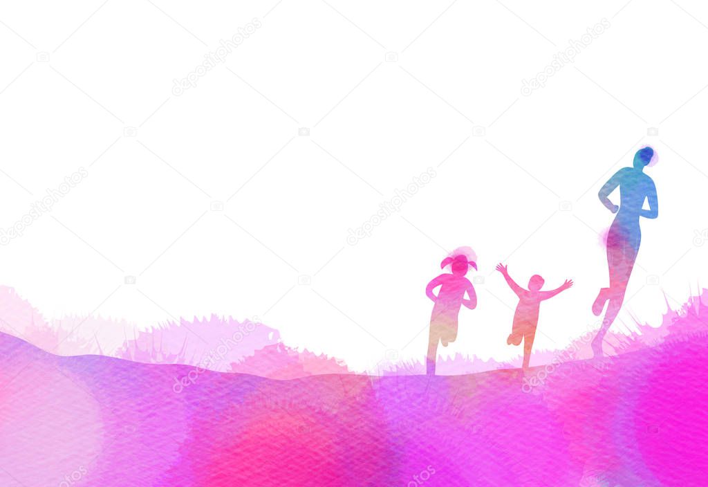Mom with kids running silhouette plus abstract watercolor painted. Mother and children exercise. Health care concept. Digital art painting.