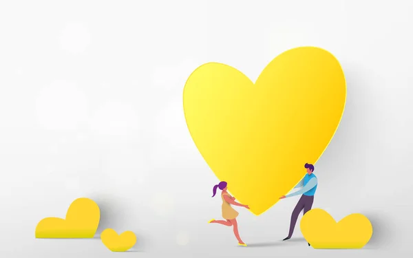 向量例证一对夫妇举行黄色心脏聚集在白色背景 爱情概念 情人节背景 向量例证 — 图库矢量图片