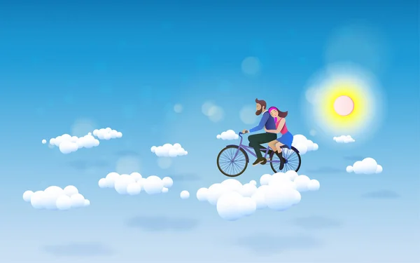 Una Pareja Montando Bicicleta Hasta Cielo Concepto Amor Feliz Día — Vector de stock