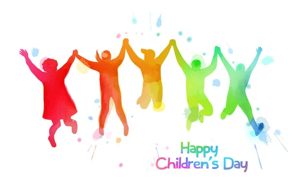 Aquarela Crianças Felizes Pulando Juntas Feliz Dia Das Crianças — Vetor de Stock